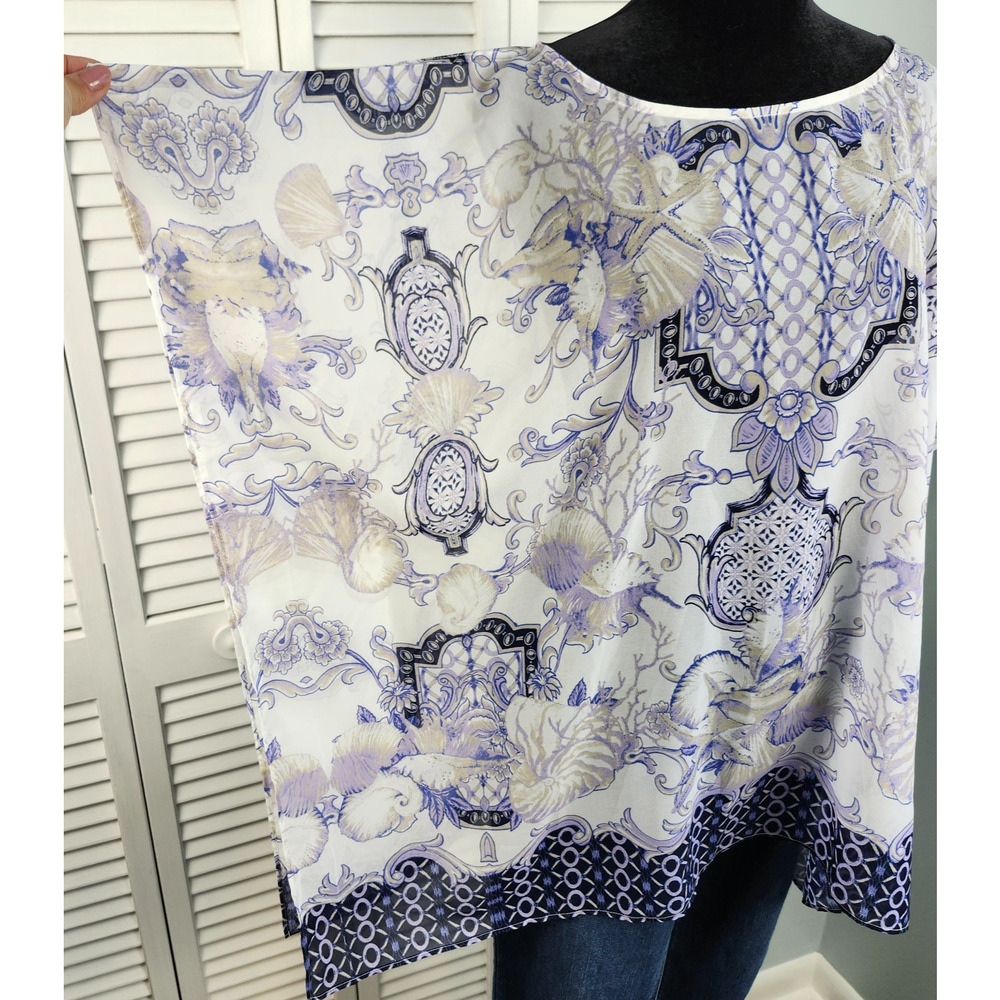 Chico’s Sheer Kimono Chiffon Kaftan S/M White Lavender Old Money Resort Wear